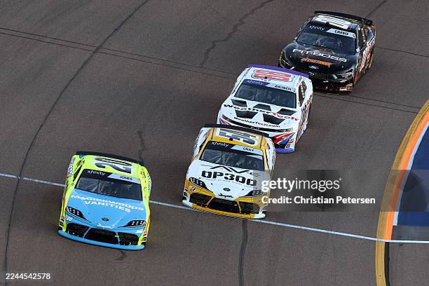 Brandon Jones, driver of the Menards/Magicwood Toyota, Taylor Gray, driver of the Operation 300 Toyota, Connor Zilisch, driver of the WeatherTech...