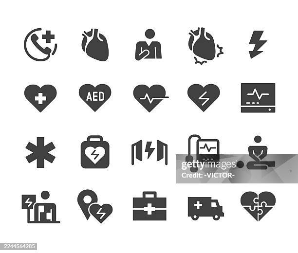 ilustraciones, imágenes clip art, dibujos animados e iconos de stock de dea e iconos de emergencia - serie clásica - reanimación cardiopulmonar