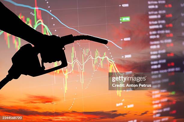 hand holding fuel nozzle with the economic data in the background - prislapp bildbanksfoton och bilder