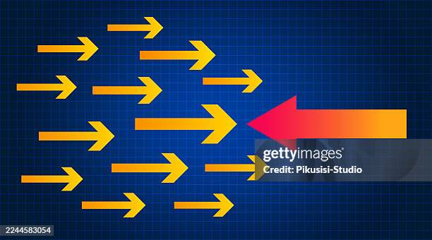 arrow in opposite direction on blue grid background, leadership and individuality concept with opposite arrow - eccentric business stock illustrations