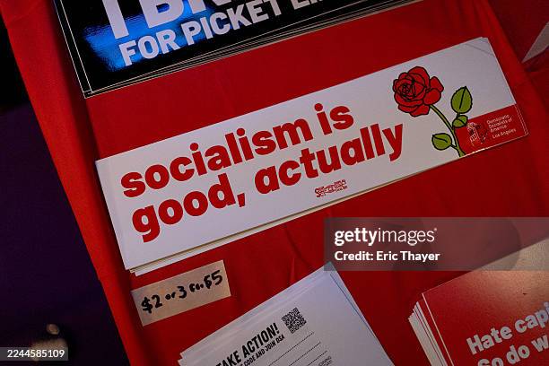 Los Angeles, CA Items on a table during an election night party held by the Democratic Socialists of America - LA chapter at The Greyhound on...