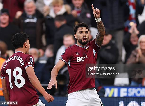 Lucas Paqueta of West Ham United celebrates scoring his team's first goal during the Premier League match between West Ham United and Newcastle...