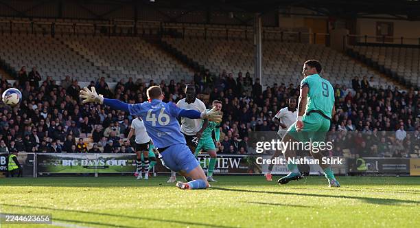 Annisuis Lewis of Maldon & Tiptree scores their first goal during the Emirates FA Cup First Round match between Port Vale and Maldon & Tiptree on...