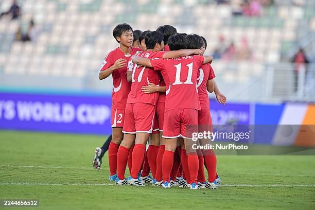 Player of Korea DPR U-17 celebrates the 2-0 goal during the FIFA U-17 Women's World Cup Morocco 2025 Semifinal match between Brazil and Korea DPR in...