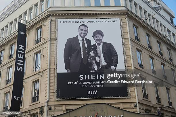 Close-up view of a large Shein banner and promotional visual including a giant poster depicting Frédéric Merlin, President of SGM "Société des Grands...