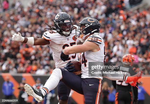 Colston Loveland of the Chicago Bears celebrates a touchdown with Kyle Monangai of the Chicago Bears in the third quarter against the Cincinnati...