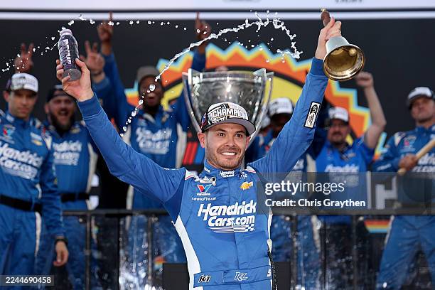 Kyle Larson, driver of the HendrickCars.com Chevrolet, celebrates in victory lane after finishing first of the NASCAR Cup Series Championship 4...