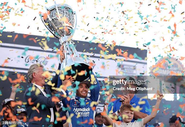 Kyle Larson, driver of the HendrickCars.com Chevrolet, celebrates in victory lane after finishing first of the NASCAR Cup Series Championship 4...