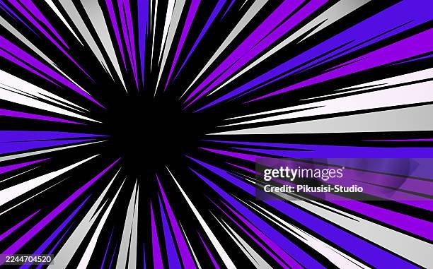 ilustraciones, imágenes clip art, dibujos animados e iconos de stock de fondo de líneas de velocidad de ráfaga cómica púrpura y negra, ilustración dinámica de movimiento de estallido de estrellas púrpura y negro - galaxia-starburst