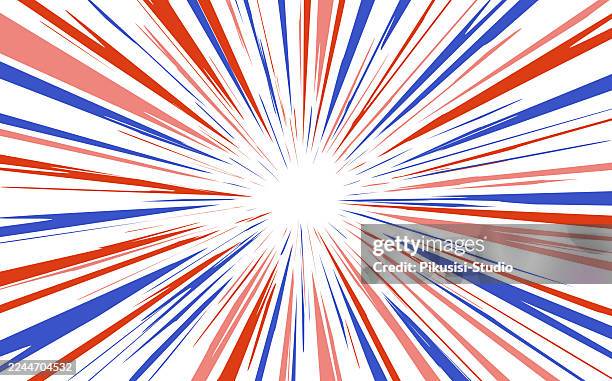 ilustraciones, imágenes clip art, dibujos animados e iconos de stock de fondo de líneas de velocidad de ráfaga cómica roja y azul, ilustración dinámica de movimiento de estallido de estrellas rojo y azul - galaxia-starburst