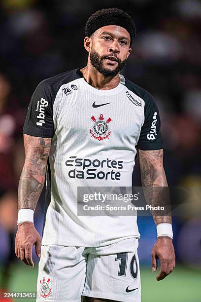 Memphis Depay of Corinthians looks on during a Brasileirao 2025 match between Bragantino and Corinthians at Estadio Municipal Cicero De Souza Marques...