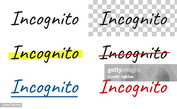 incognito - handwritten text, highlighted, crossed out, underlined on blank background - red camouflage pattern stock illustrations
