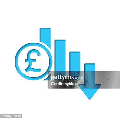 Pound rate decrease. Icon cut out on white paper with blue background Pound rate decrease. Icon cut out on white paper with blue background