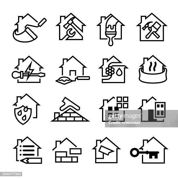 home improvement, renovation, repair and construction icons - weatherproof window stock illustrations