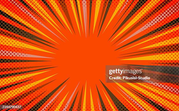 orange comic burst speed lines background, comic burst excitement on orange background - starburst galaxy stock illustrations