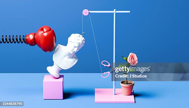 rube goldberg machine illustrating human impact on nature and sustainable balance - domino effect stock pictures, royalty-free photos & images