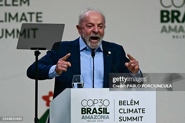 Brazil's President Luiz Inacio Lula da Silva delivers a speech during the General Plenary of Leaders in the framework of the COP30 UN Climate Change...