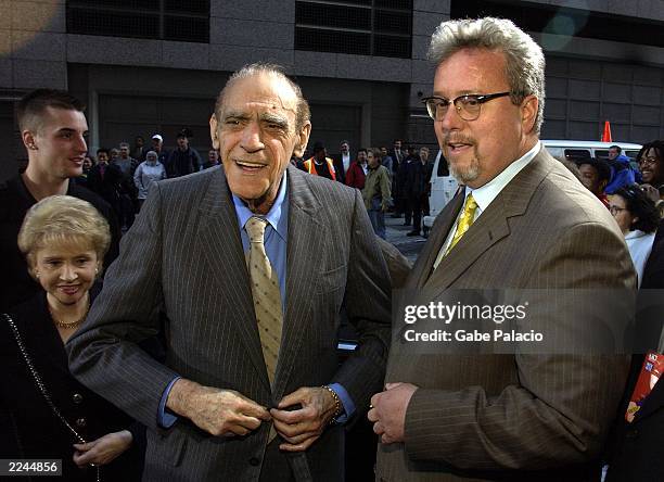 Larry Jones, General Manager of TV Land and Nick at Nite, greets Abe Vigoda, "Barney Miller", at the TV Land and Nick at Nite Upfront in "The Bat...