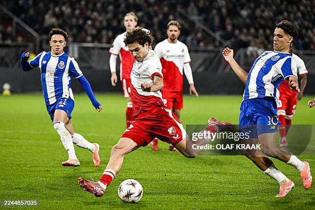 Utrecht's Spanish forward Miguel Rodriguez kicks to score his team's first goal during the UEFA Europa League, league phase day 4, football match...