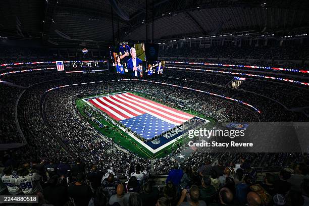General view during the national anthem prior to a game between the Dallas Cowboys and the Arizona Cardinals at AT&T Stadium on November 03, 2025 in...