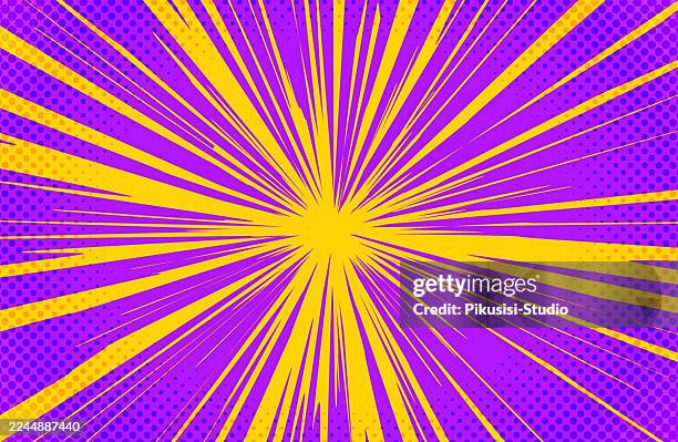 ilustraciones, imágenes clip art, dibujos animados e iconos de stock de fondo de emoción de explosión de cómic retro, estallido de estrellas cómico con efecto de explosión de rayos dinámicos sobre fondo púrpura - galaxia-starburst