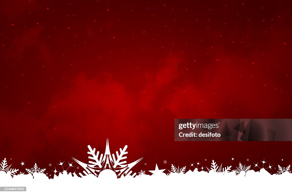 Horizontal dark vibrant red maroon color bordered shiny vector Christmas foggy wispy backgrounds with bottom edge border of white snow and beautiful starry glittering bright snowflakes, festive scene or sparkling backdrop