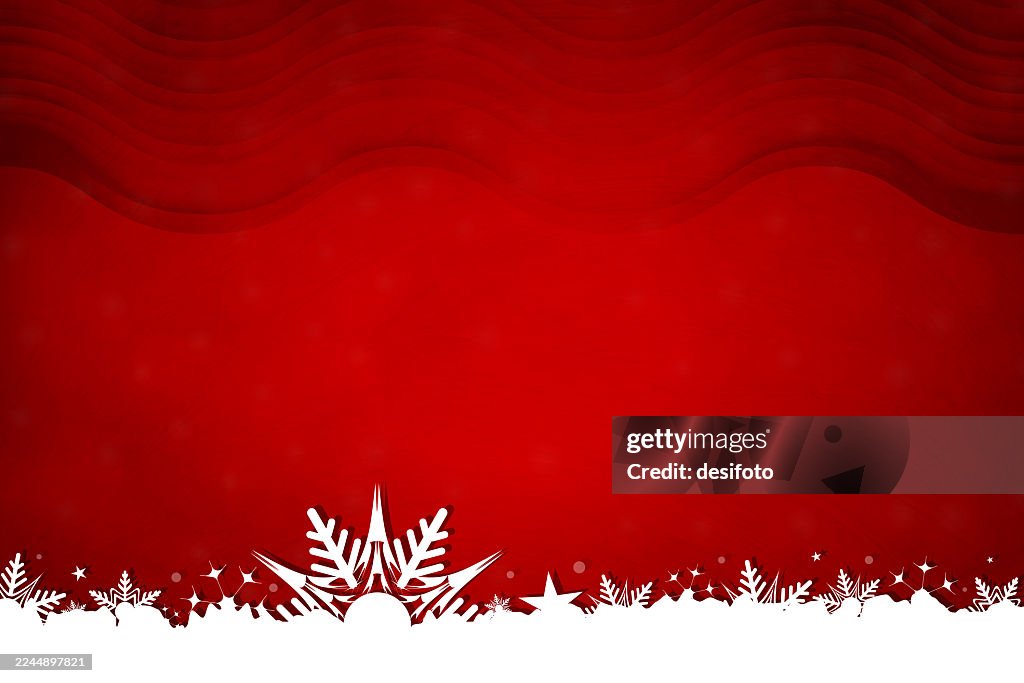 Horizontal dark vibrant red maroon color bordered shiny vector Christmas foggy wispy backgrounds with bottom edge border of white snow and beautiful glittering bright snowflakes, festive or sparkling backdrop with top edge wavy curvy