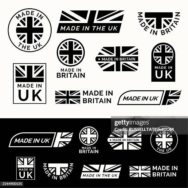 ilustraciones, imágenes clip art, dibujos animados e iconos de stock de conjunto de iconos en blanco y negro para made in britain, reino unido país de fabricación pegatina o emblema para gran bretaña con bandera union jack - bandera del reino unido