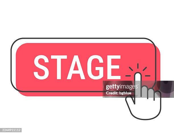 stage - click button with hand cursor on white background - round website button stock illustrations