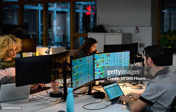 businessman working late in office using digital notepad hooked up to two monitors - spreadsheet computer stock pictures, royalty-free photos & images