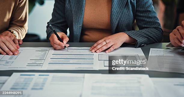 team, hands of people in office with spreadsheet, loan agreement or collaboration for budget plan. audit, meeting or accountant in agency with paperwork, financial policy or filling form in denmark. - auditoria imagens e fotografias de stock