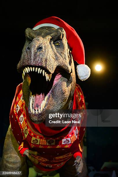 An animatronic Tyrannosaurus Rex models the latest knitwear at the unveiling of the 2025 Christmas jumper design at the Natural History Museum, on...