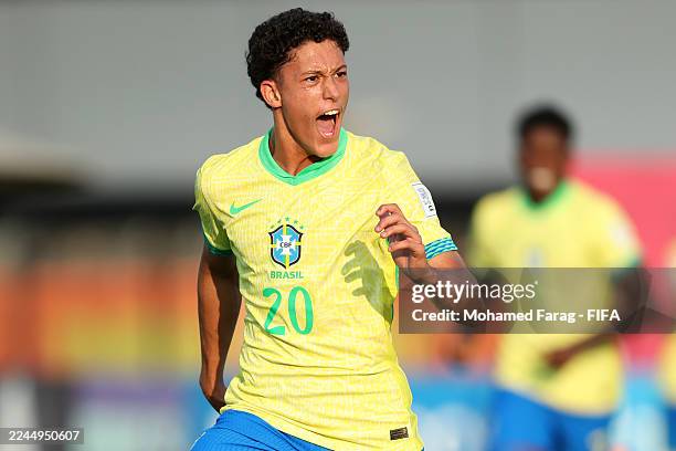 Felipe Morais of Brazil celebrates scoring his team's third goal during the FIFA Under-17 World Cup match between Brazil and Honduras at Aspire...