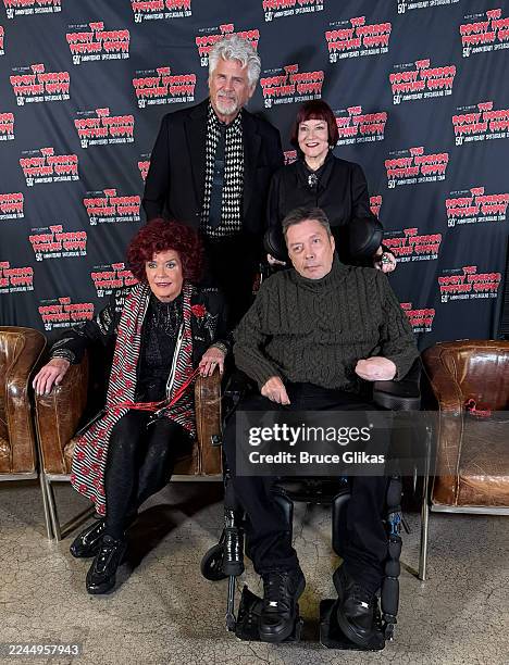 Patricia Quinn, Barry Bostwick, Nell Campbell and Tim Curry pose at "The Rocky Horror Picture Show" 50th Anniversary Spectacular Tour at City...