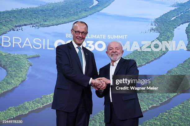 German Chancellor Friedrich Merz meets Luiz Inacio Lula da Silva, President of Brazil, during a bilateral meeting at the "Belem Climate Summit" as...