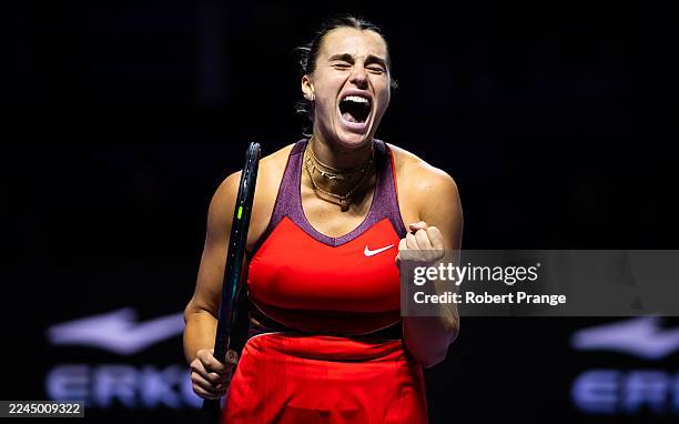 Aryna Sabalenka in action against Amanda Anisimova of the United States in the semi-final on Day 7 of the WTA Finals Riyadh as part of the Hologic...