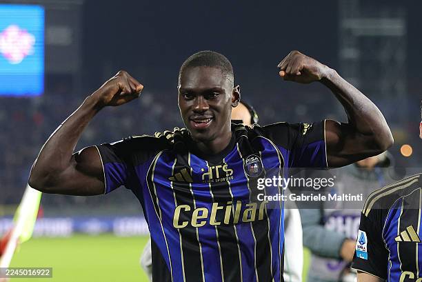 Idrissa Toure' of Pisa Sporting Club celebrates the victory after during the Serie A match between Pisa SC and US Cremonese at Arena Garibaldi on...