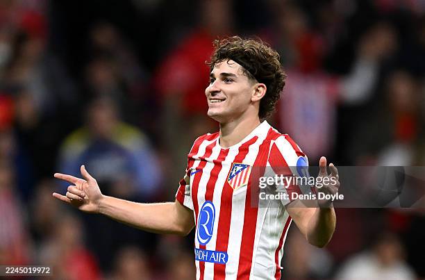 Julian Alvarez of Atletico de Madrid celebrates scoring his team's first goal during the UEFA Champions League 2025/26 League Phase MD4 match between...