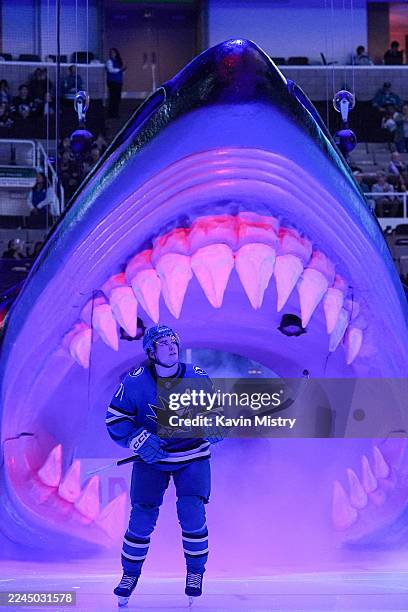 Macklin Celebrini of the San Jose Sharks takes the ice through the Shark Head before the game against the Winnipeg Jets at SAP Center on November 7,...