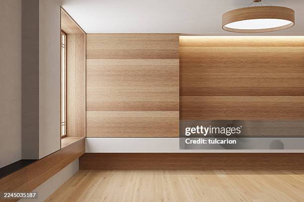 leeres modernes japandi-interieur mit minimalistischer eichenwand im stil - led wall stock-fotos und bilder