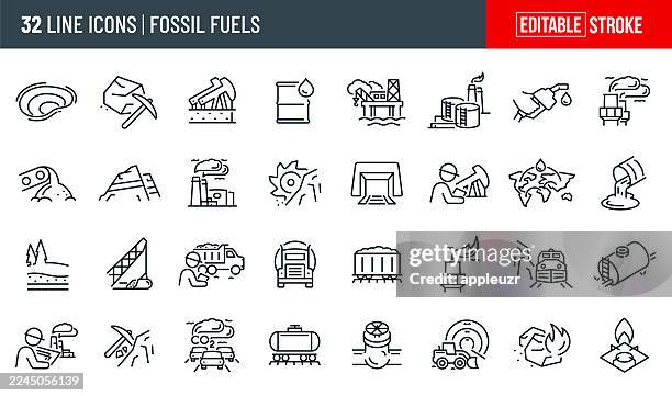 fossil fuel thin line icons - editable stroke - icons include coal, fuel and energy, oil, gasoline, coal mining, oil well, oil refinery - oil pipeline truck stock illustrations