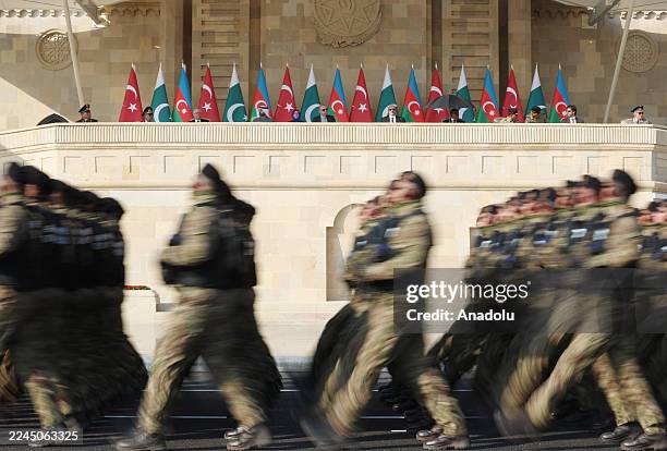 Turkish President Recep Tayyip Erdogan, Azerbaijani President Ilham Aliyev, and Prime Minister of PakistanShehbaz Sharif attend the Victory Day...