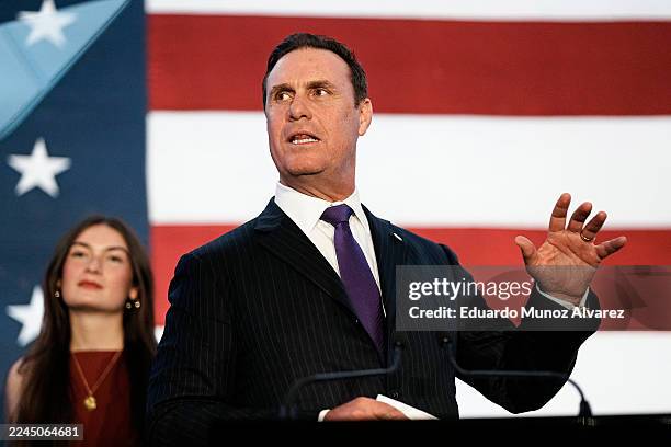 Jason Hedberg, husband of New Jersey Democratic gubernatorial candidate, Rep. Mikie Sherrill delivers remarks at her election night watch party at...