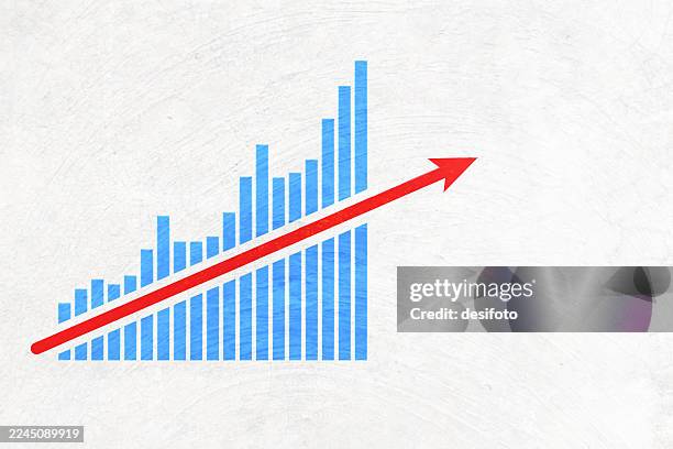 blank grey white textured rough rustic weathered scratched adobe material wall vector background with one straight red line up arrow over upward blue bar graph for success, growth, aspirations, continuous improvement, achieving business goals or targets - growth chart white background stock illustrations