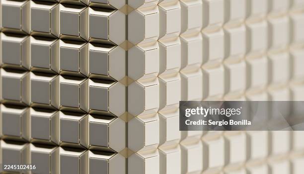 close-up of a geometric pattern with beige and light brown 3d cube shapes. illustration, rendering - modular architecture stock illustrations