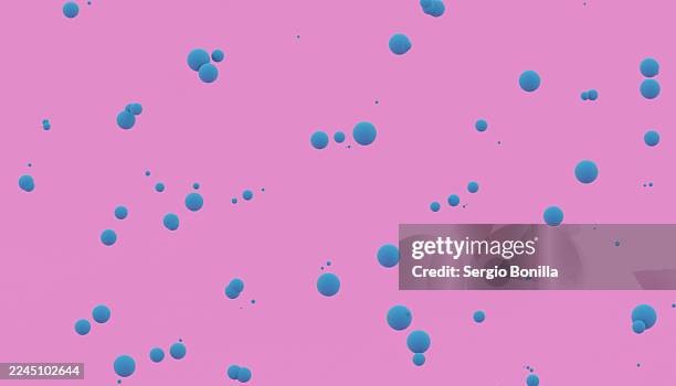 blue spheres float on a vibrant pink background creating a playful abstract scene. illustration, rendering - modern art installation stock illustrations