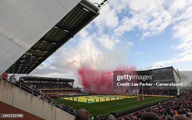 General view of Headingley Stadium as pyrotechnics are let off before the match during the Rugby League Ashes match between England and Australia at...