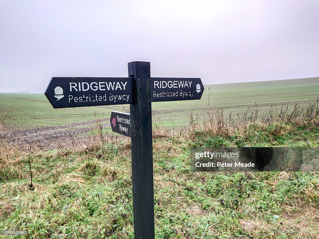 Footpath sign on the Ridgeway long distance footpath near Uffington Castle in Berkshire