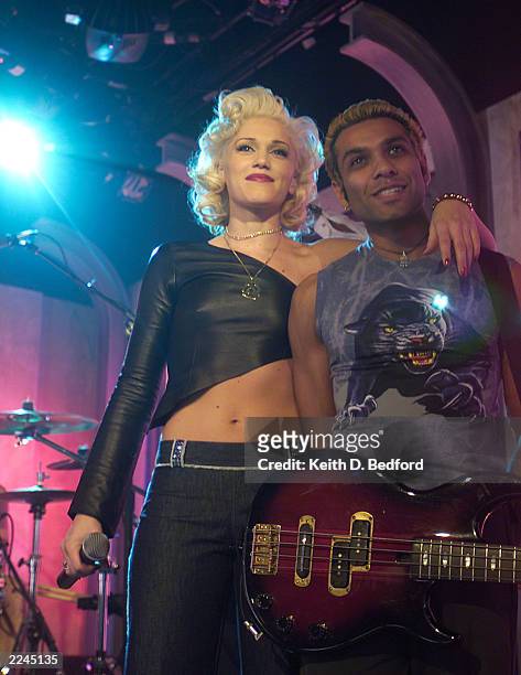 Gwen Stefani and Tony Kanal of No Doubt during their performance at MTV Fashionably Loud 2000 in MTV's New York City Studio. December 7, 2000