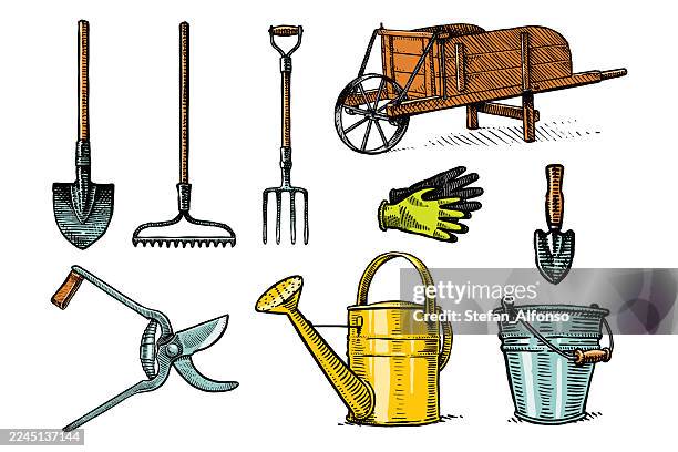 set of colored drawings of gardening tools - gardening glove stock illustrations